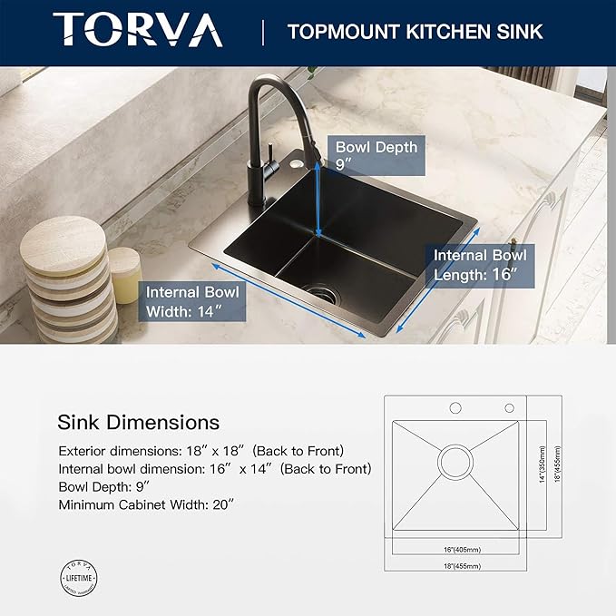 TORVA 18 x 18 Inch Gloss Black Drop-in Topmount Kitchen Sink - 16 Gauge Stainless Steel, PVD Coated Gunmetal Finish, NanoTek Single Bowl 9-Inch Deep Bar/Prep Basin, Dark Gray
