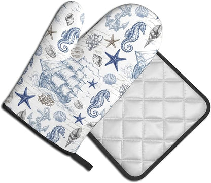 Navy Blue Oven Mitts and Pot Holders Sets Summer Beach Starfish Seashell Oven - Image 2