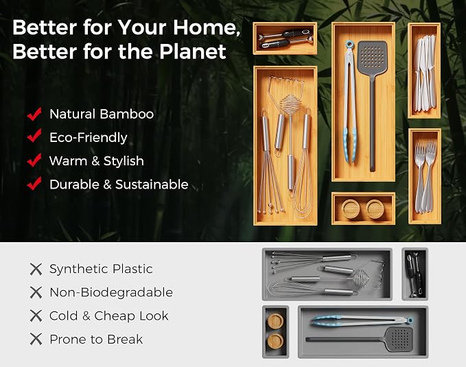 Small Bamboo Kitchen Drawer Organizer Boxes – 6" x 3" Stackable Wood Silverware - Image 8