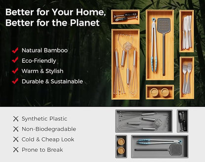 Bamboo Kitchen Drawer Organizer Set of 2, Stackable 15" x 6" Wood Silverware - Image 7