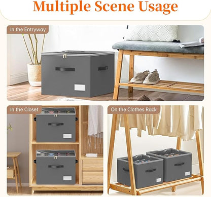 Shoe Organizer for Closet, 2 Pack Foldable Shoe Storage Containers, Fits up 16-32 Pairs, Shoe Storage Organizer Box Cubby Baskets Bins with Clear Cover and Reinforced Handles, Gray