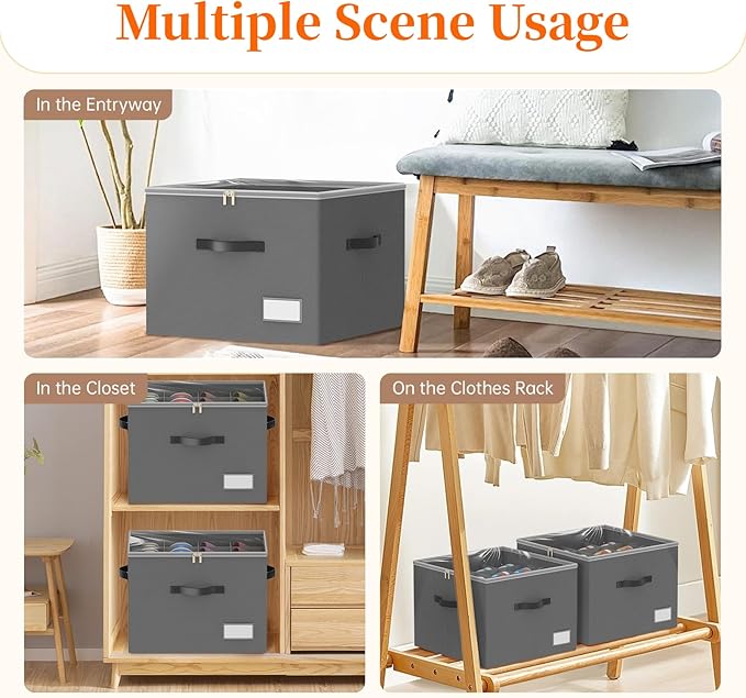 Shoe Organizer for Closet, Foldable Shoe Storage Containers, Fits up to 16 Pairs, Large Shoe Storage Organizer Box Cubby Baskets Bins with Clear Cover and Reinforced Handles, Gray