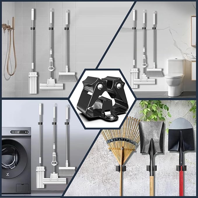 3-H Stainless Steel Broom Holder Wall Mount 12-Pack- Heavy Duty Mop Organizer, Wall Mounted Broom Storage with Secure Mounting for Kitchen Laundry Garage Bathroom (Space Saving)