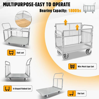 Platform Truck Cart with Cage, 6 in1 Foldable Flatbed Cart Heavy Duty Push Cart - Image 2