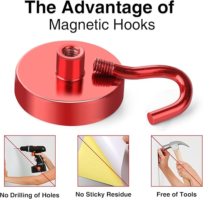 MIKEDE Magnetic Hooks Heavy Duty, 150LB Strong Magnet with Hook for Fridge, Super Neodymium Strength Industrial Hanging, Hanger Toolbox, Cruise, Grill(Red,10 Pack)