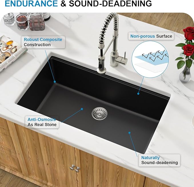 30 Granite Composite Kitchen Sink - Donsdey 30 Inch Black Kitchen Sink Undermount Granite Quartz Composite Ledge Workstation Matte Black Under Counter Single Bowl Sink Basin