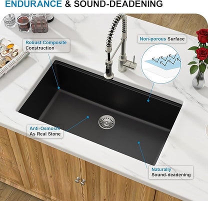 30 Granite Composite Kitchen Sink - Donsdey 30 Inch Black Kitchen Sink Undermount Granite Quartz Composite Ledge Workstation Matte Black Under Counter Single Bowl Sink Basin