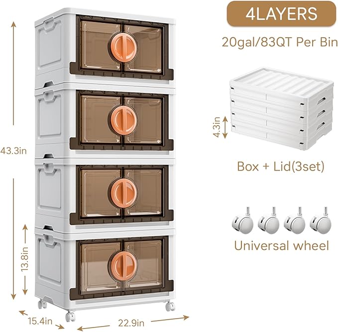 JEKO&JEKO 332Qt Lockable Stackable Storage Bins with Lids, Collapsible Closet Organizer with Wheels, Plastic Cabinet Drawer for Clothes, Dorm Room 4 Pack (White)
