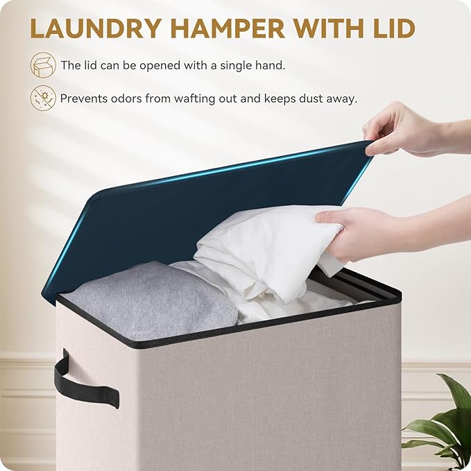 SOLEDI Slim Laundry Hamper with Lid, Narrow Laundry Basket with Removable Bags, Dirty Clothes Hamper with handle, Small Hamper perfect for Laundry room, Bathroom, Bedroom, Small spaces.Light taupe