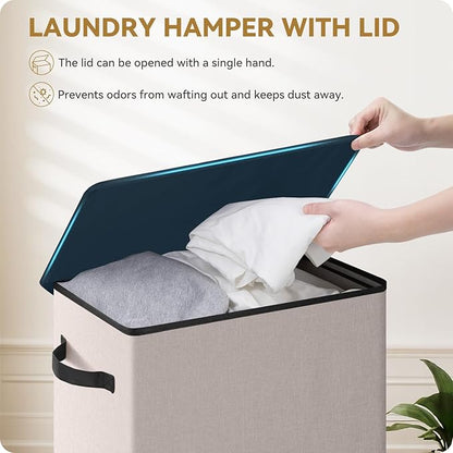 SOLEDI Slim Laundry Hamper with Lid, Narrow Laundry Basket with Removable Bags, Dirty Clothes Hamper with handle, Small Hamper perfect for Laundry room, Bathroom, Bedroom, Small spaces.Light taupe