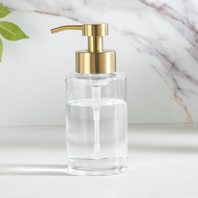 Enra Foam Soap Dispenser,12oz Thick Glass Bathroom Soap Dispenser with Stainless Steel Gold Pump for Bathroom Kitchen(Clear/Gold Poam Type)
