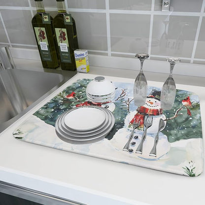 Winter Dish Drying Mat 18 x 24 Inch Xmas Snowman Pattern Dish Drying Pad - Image 6