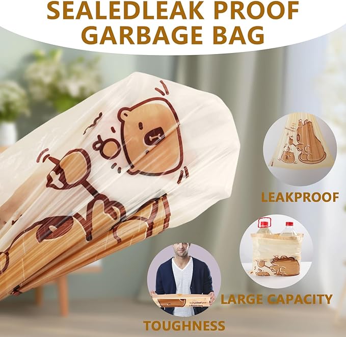 VOK 4 Gallon Trash Bags with Capybara Printed, Drawstring Small Garbage Bags, Tear-Resistant & Odor-Control Bathroom/Kitchen Trash Can Liners, Bathroom Trash Bags with Secure Tie, 100 Counts