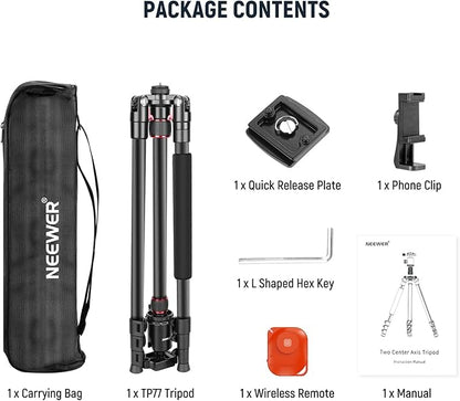NEEWER 77” Camera Tripod Monopod with Phone Holder, Portable Travel Tripod with Remote, 360° Ball Head, 2 Axis Center Column, Arca QR Plate and Bag, Aluminum DSLR Tripod 34lb Max Load, TP77