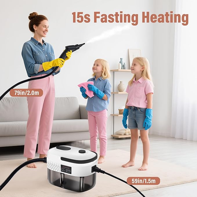 Lamberia 2500W Handheld Pressurized Steam Cleaner with 12pcs Accessories, 1400ml 1.5 Quarts Tank, 3-Level Adjustable Portable Steamer, 15s Heat-Up Steam Cleaner for Home, Car, Kitchen(White, US Plug)
