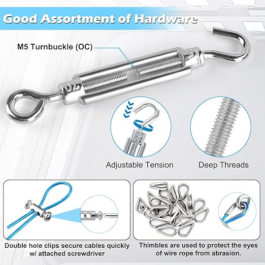 Turnbuckles for Cables Wire, 1/8" X 100Ft Blue PVC Coated Wire Rope Kit, Multi-use Steel Cable for Grape Vines/Clothes Line Outdoors for T Post/String Light Hanging/Garden Wire
