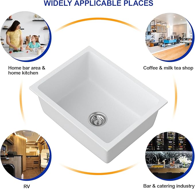 Dcolora 22 Inch Undermount Wet Bar Sink Single Bowl Modern Kitchen Sink White Granite Composite Deep Prep Small Sinks 22"×17"×9",DC-GUW003