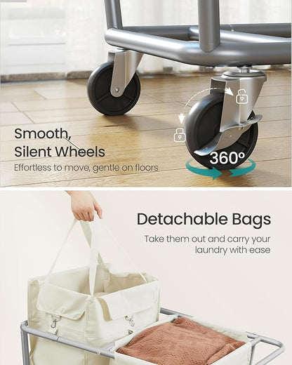 SONGMICS Laundry Basket with Wheels, 2-Section Laundry Sorter, 50.2 Gallons (190 L) Rolling Hamper with Removable Bags, Heavy-Duty Steel Frame, Cream White URLS009W01