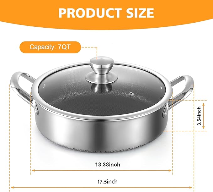 Toutrop Stainless Steel 7QT Saute Pan 14 Inch Deep Frying Pan - Image 2