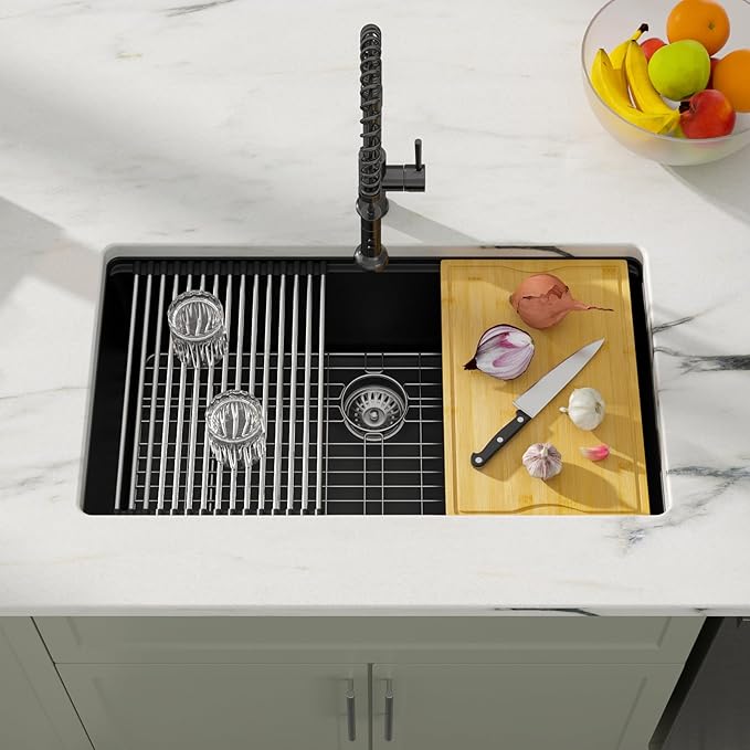 Dcolora 30 Inch Matte Black Kitchen Sink Workstation Granite Composite Undermount Single Bowl Kitchen Sink,DC-GU8769