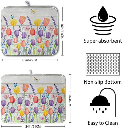 Tulip Floral Dish Drying Mat for Kitchen Counter Watercolor Spring Flower Dish - Image 2
