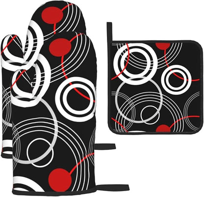 Modern Black Red Retro Oven Mitts and Pot Holders Sets of 3 Abstract Modern Hot by Unknown