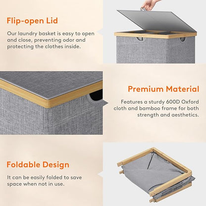 Lifewit 120L Double Laundry Hamper with Lid, Extra Large Bamboo Laundry Basket Dirty Clothes Hamper, 2 Section Laundry Bin Organizer for Laundry Room Bedroom with 2 Removable Liners & Bags,Light Gray