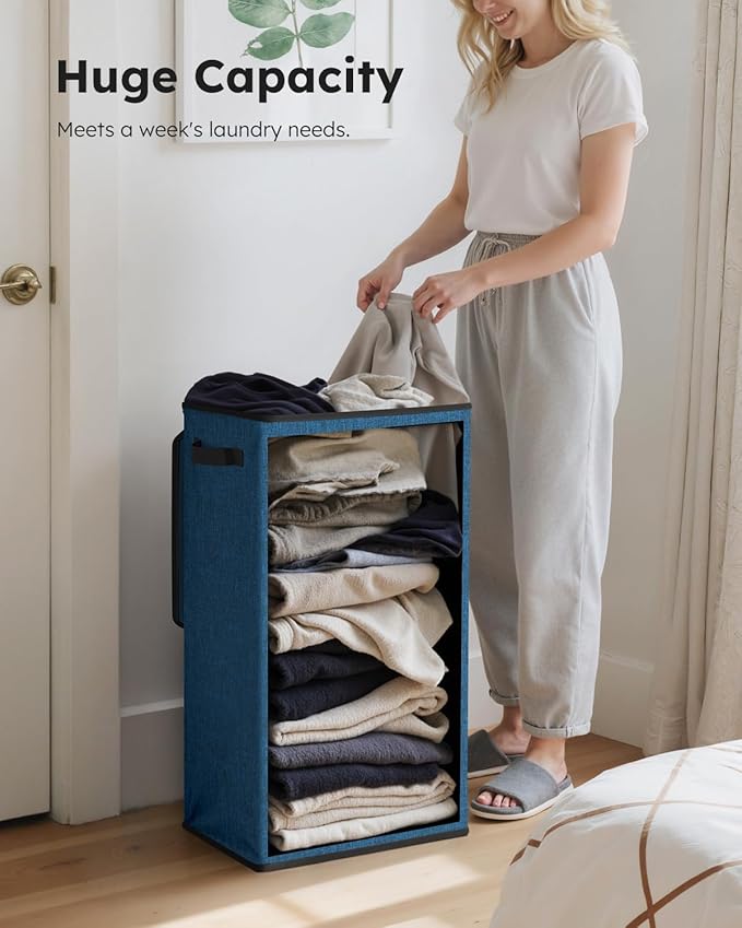 SOLEDI Slim Laundry Hamper with Lid, Narrow Laundry Basket with Removable Bags, Dirty Clothes Hamper with handle, Small Hamper perfect for Laundry room, Bathroom, Bedroom, Small spaces. 70L Blue