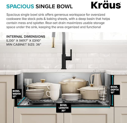 Kraus KHU100-32 Standart PRO 16 Gauge Undermount Single Bowl Stainless Steel Kitchen Sink, 32 Inch