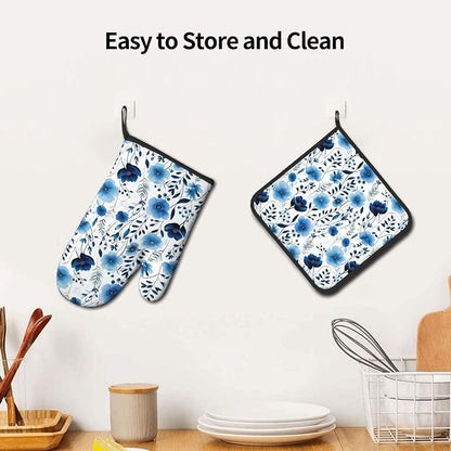 Blue Floral Oven Mitts and Pot Holders Sets of 3, Heat Resistant Cute - Image 6