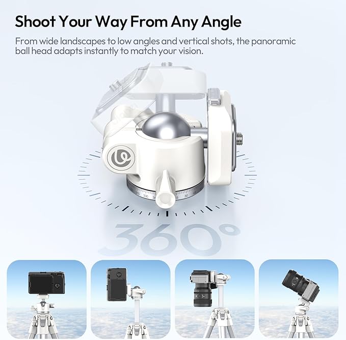 ULANZI Ombra Ⅱ Camera Travel Tripod White, 61.5" Aluminum Tripod Foldable with UKA Quick Release Plate for Phone Sony Canon, Video Shooting Vlogging Portable Stand w Phone Clamp Holder Carry Bag