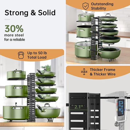 MUDEELA Pots and Pans Organizer Rack under Cabinet 8-Tiers Adjustable Pot Rack - Image 7