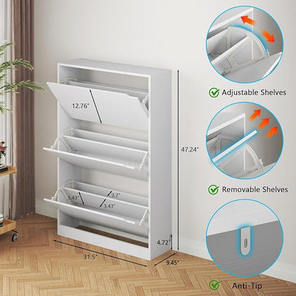 Shoe Cabinet with 3 Flip Drawers, Hidden Wood Shoe Cabinet, Freestanding Shoe - Image 2