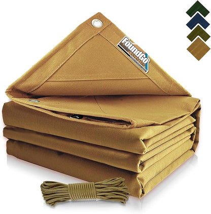 FoundGo 10x20ft Canvas Tarp 22 Mil Tarps 14 oz Canvas Tarpaulin Heavy Duty Cloth Water/UV Resistant Cover with Rustproof Grommets & Ropes for Cars,Roofs,Boats,Camps,Sunshades，Moisture Barrier -Tan