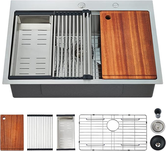 Kitchen Sink, 30 x 22 x 10 Drop in Kitchen Sink 16 Gauge Stainless Steel Kitchen Sinks Single Bowl Workstation Sink with Cutting Board