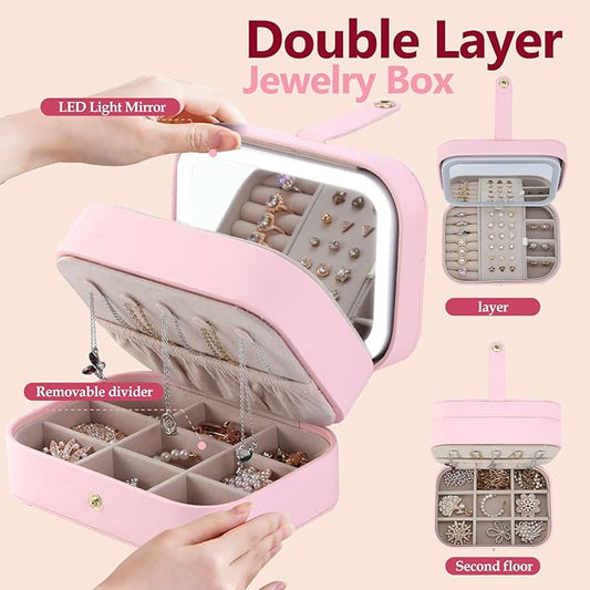 Travel Jewelry Case with LED Lighted Mirror, Personalized Birthday Gifts for Women Girls Kids, 2-Layer Portable Travel Jewelry Organizer, Travel Essentials (Pink)