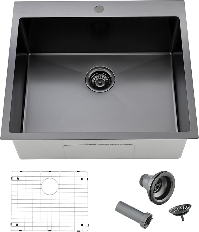 Comllen 25 x 22 Inch Drop In Black Kitchen Sink,Topmount 16 Gauge Stainless Steel Black Kitchen Sinks, 9 Inch Deep Utility RV Sink with Dish Grid and Basket Strainer