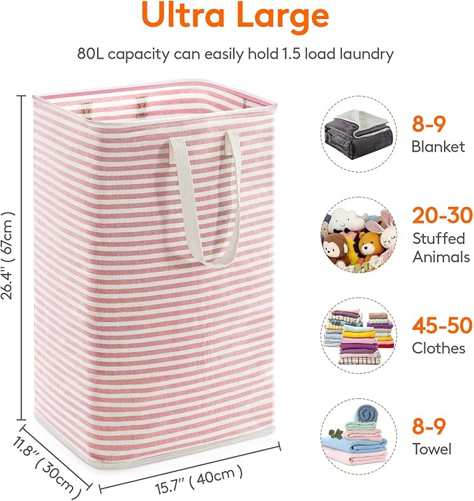 Lifewit Laundry Hamper Large Collapsible Laundry Basket, Freestanding Waterproof Clothes Hamper Storage with Easy Carry Handles for Clothes in Bedroom Bathroom College Dorm for Adults, Pink, 80L