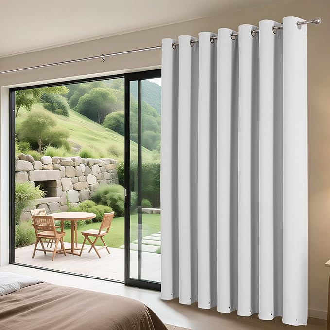 Joydeco Blackout Patio Sliding Door Curtains 96 Inches Long, Grommet Privacy Room Divider Curtains, Extra Wide Thermal Blackout Drapes for Bedroom Living Room (Greyish White 100Wx96L, 1 Panel)