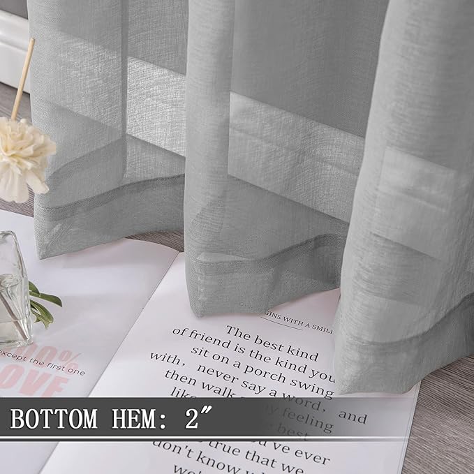 Tollpiz Sheer Curtains Bedroom Linen Textured Curtain Sheers Light Filtering Voile Rod Pocket Curtains for Living Room, 38 x 84 inches Long, Silver Grey, Set of 2 Panels