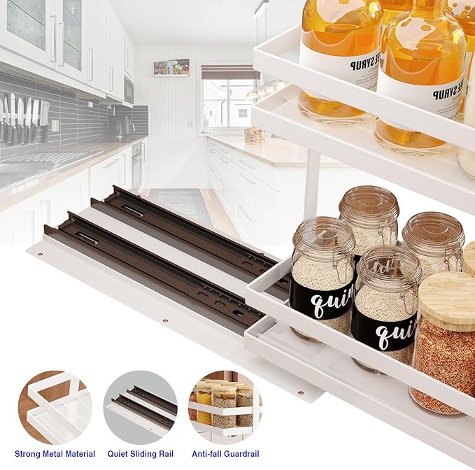 2 Pack Pull Out Spice Rack Organizer for Cabinet, 2 Tier Metal Slide Out Seasoning Organizer and Storage Heavy Duty Vertical Spice Rack Shelf Pullout for Kitchen Cabinets No Drilling (White)