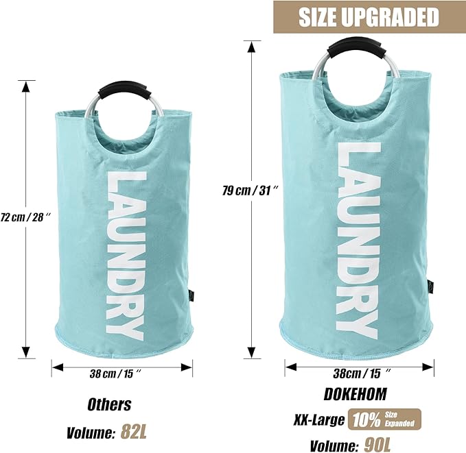 DOKEHOM 90L Large Laundry Basket, Collapsible Laundry Bag, Freestanding Tall Clothes Hamper, Foldable Washing Bin (Light Blue)