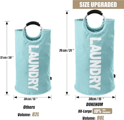 DOKEHOM 90L Large Laundry Basket, Collapsible Laundry Bag, Freestanding Tall Clothes Hamper, Foldable Washing Bin (Light Blue)