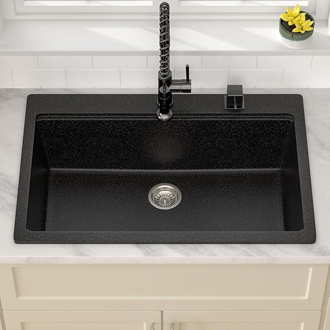 Dcolora 33x22 Drop In Kitchen Sink Black, Granite Composite Black Kitchen Sink Multifunctional Topmount Large Single Bowl Workstation Sinks #DC-0001GBT, 33" x 22" x 10"