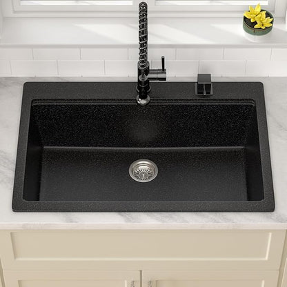 Dcolora 33x22 Drop In Kitchen Sink Black, Granite Composite Black Kitchen Sink Multifunctional Topmount Large Single Bowl Workstation Sinks #DC-0001GBT, 33" x 22" x 10"