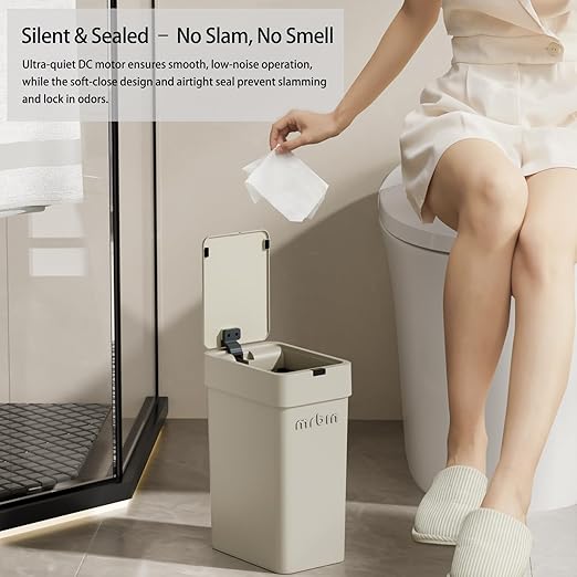 MRBIN Motion Sensor Bathroom Trash Can with Lid, 9L/2.4gal Automatic Plastic Slim Covered Electric Waste Basket, Narrow Rectangle Garbage Bin Under Desk for Small Office, Bedroom, Kitchen, Rv, Gray