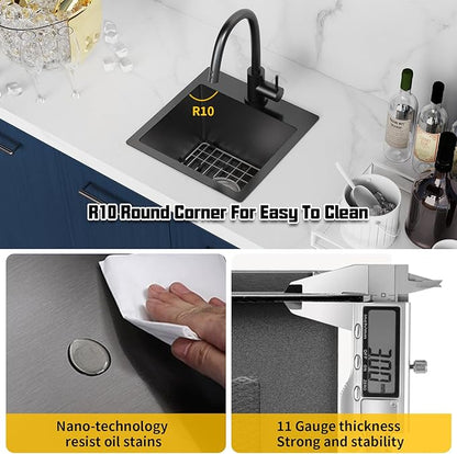 Small Black Kitchen Sink,15x15 Inch Stainless Steel Drop In Topmount Kitchen And Bar Sink Ideal Choice For For Small Space, Prep Area, RV With Bottom Grid,Soap Mat And Drain Assembly