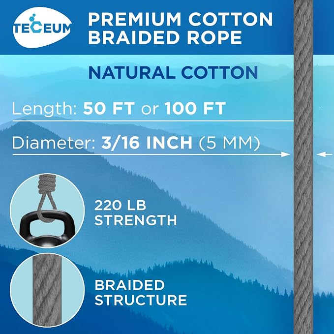 TECEUM Cotton Rope 3/16” – 100 FT – Strong All-Purpose Braided Rope – Natural - Image 2
