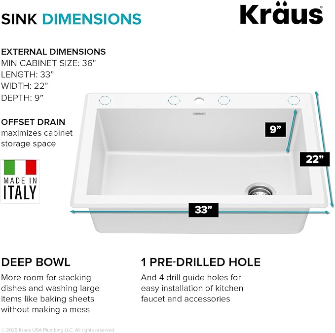 KRAUS Forteza 33-inch Granite Drop In/Undermount Single Bowl White Kitchen Sink, KGD-54WHITE