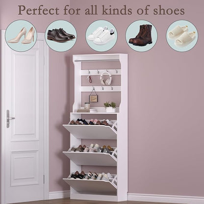 Shoe Cabinet with 3 Flip Drawers & Coat Rack, Narrow Hidden Shoe Storage Cabinet - Image 4